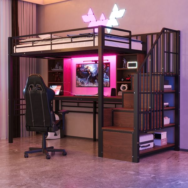 Hochbett 90 × 200 cm, mit Ablage, Schreibtisch, Europäischer Steckdose und LED-Beleuchtung, Integrierter Stauraumtreppe (links/rechts montierbar), Hohem Schutzgitter, Einzelbett, Eisenrahmen,Schwarz