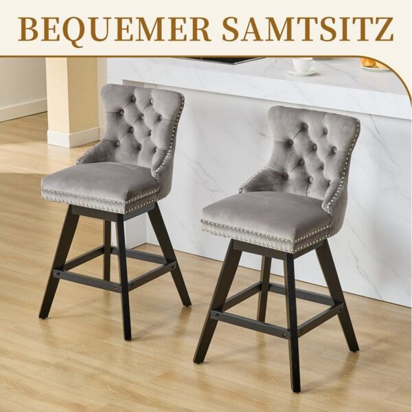 SeedWave Barhocker 2er Set Barstühle Samt Drehstuhl, Gepolsterter Sitz & Massivholzfüße (2er Set), Polsterhocker inkl. Fußstütze, Nieten und Knopf-Design