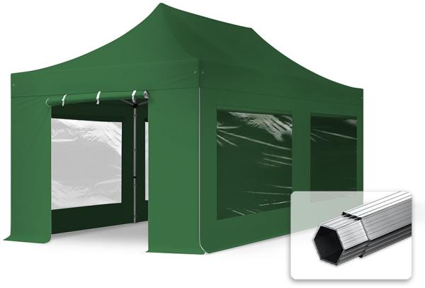 3x6 m Faltpavillon PROFESSIONAL ADunkelgrünlu 40mm, Seitenteile mit Panoramafenstern, dunkelgrün