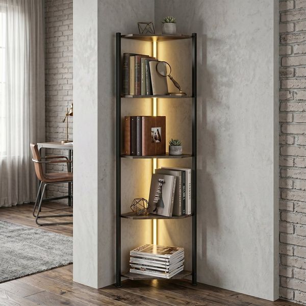 HOMCOM Bücherregal 5-stöckiges Regal, Eckregal 2-tlg, LED-Beleuchtung, Eckregal, platzsparend