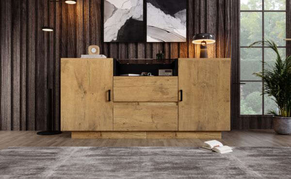 Sideboard 140x40x70 cm, Eichenoptik mit braun getöntem ESG-Glas, 2 Schubladen, 2 Türen & offenes Fach, schwarze Griffe,Eiche
