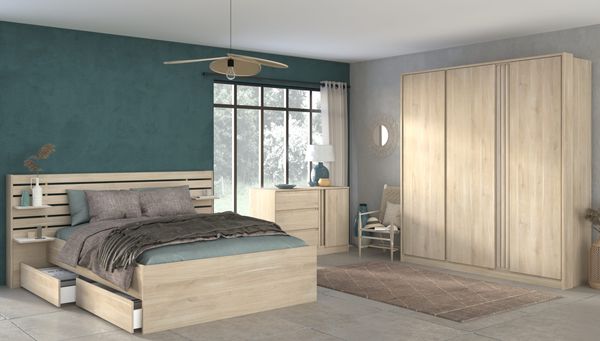 Parisot Schlafzimmer-Set Escale 27 Eiche – Bett 180×200 cm mit 2 Schubladen & Ablagen, Kleiderschrank & Kommode