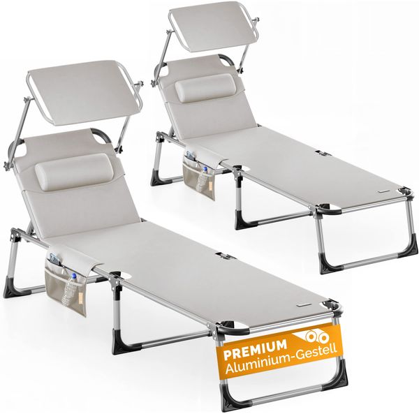CASARIA® 2er Set Alu Sonnenliege Klappbar Wetterfest Gartenliege Mit Dach Creme