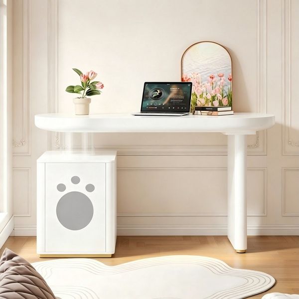 Flieks Schreibtisch rechteckiger Tisch mit Stauraum Weiß (117 x 50 x 76 cm, Höhe Tischplatte 4,6 cm, 1-St, 1 Tisch), Computertisch Arbeitstisch Bürotisch mit Schrank, abgerundete Kurven