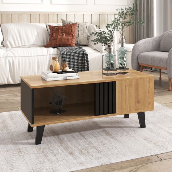 Couchtisch mit Stauraum, Holzoptik & Schwarze Akzente, 100x60x45 cm, Natur/Schwarz