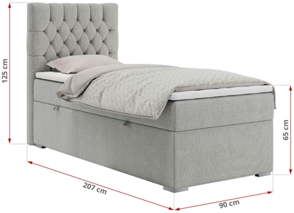 Boxspringbett PERA, Polsterbett mit Kopfstütze, gepolsterte Kopfstütze, Einzelbett, 90x200 - Hellgrau Stoff - rechts - H4 Bild 4