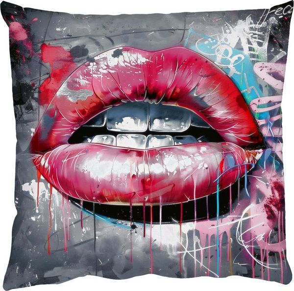 MuchoWow Dekokissen Lippen - Leuchtendes Rosa - Graffiti - Farbstreifen, Zierkissen mit Füllung für Wohnzimmer, Sofakissen, 40x40 cm