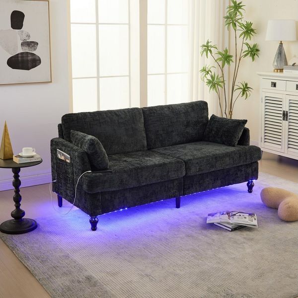 MODFU Sofa Modernes 2-Sitzer Loungesofa, LED-Beleuchtung & USB-Ladeanschluss, Schlafsofa mit Aufbewahrungstasche, mit Chenille-Stoff, bis 250 kg Belastung