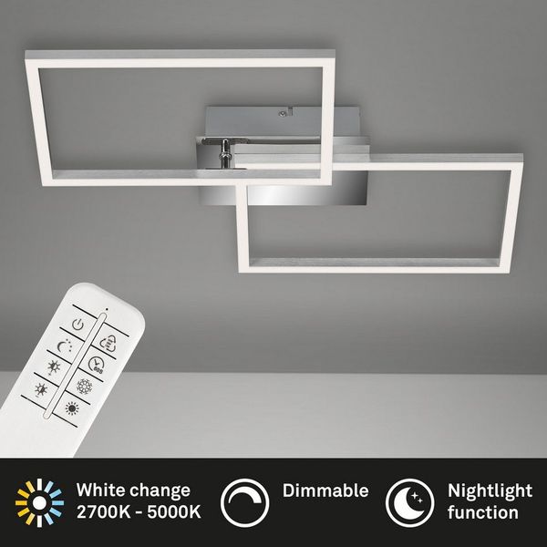 BRILONER - LED Deckenlampe mit Fernbedienung, dimmbar, einstellbar von warmweiß bis neutralweiß, LED Lampe, Deckenleuchte, Wohnzimmerlampe, Schlafzimmerlampe, Küchenlampe, 50 x 38,8 x 7,8 cm, Chrom-Alu