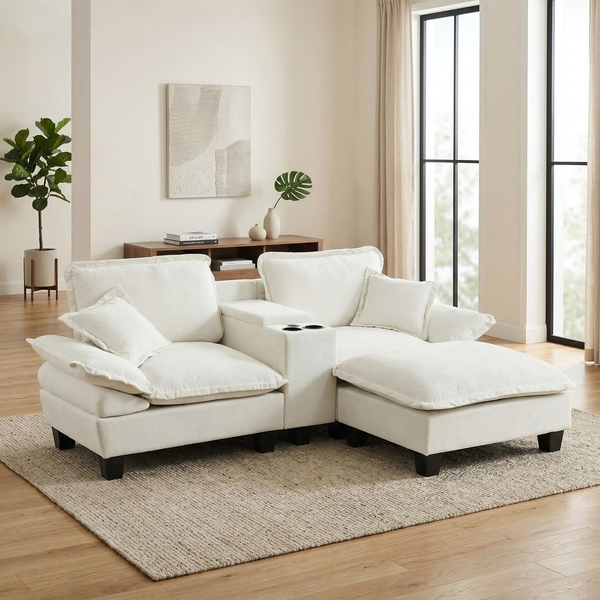 Modulares Ecksofa aus Chenille mit USB-Anschlüssen & Stauraum, beige