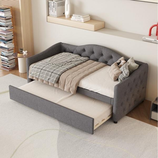 OKWISH Polsterbett Minimalistisches Schlafsofa Daybett Kinderbett (Tagesbett mit ausziehbarem Bett und Leinenbezug, 90x200 cm), ohne Matratze