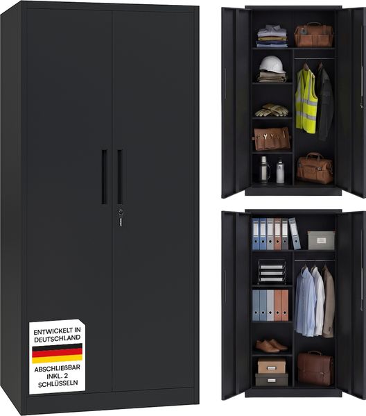 STEELSØN 'Regulus' Garderobenschrank mit 6 Fächern und Kleiderstange, Metall, schwarz, 175x40x80 cm, abschließbar, inkl. Schloss