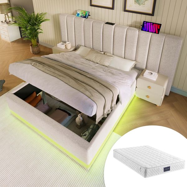 Polsterbett 160x200 cm mit Matratze, Bettkasten, LED und USB-C, Leinen Beige