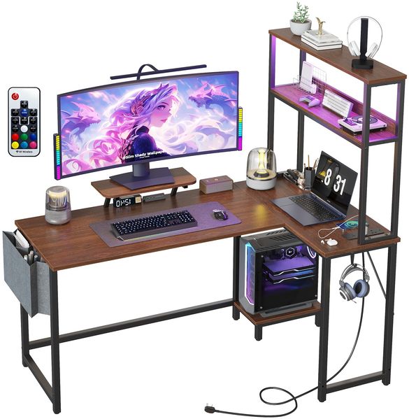 GarveeHome Eckschreibtisch Mit LED-Beleuchtung, Integrierter Steckdose & Stoffschublade | Büro- & Gaming-Schreibtisch in l-Form Aus Spanplatte & Stahlrohr