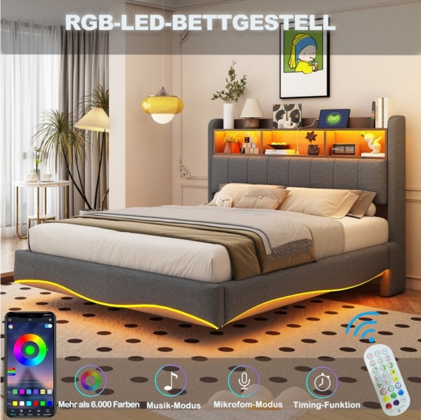 MODFU Polsterbett Doppelbett,Gästebett,Jugendbett (Schwebebett mit LED, USB & Stauraum – modernes Polsterbett,für Schlafzimmer & Jugendzimmer, Stoff & Metall, 140 x 200 cm), ohne Matratze Bild 3