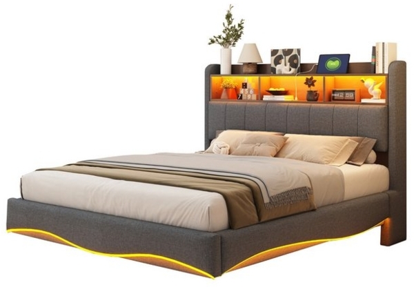 MODFU Polsterbett Doppelbett,Gästebett,Jugendbett (Schwebebett mit LED, USB & Stauraum – modernes Polsterbett,für Schlafzimmer & Jugendzimmer, Stoff & Metall, 140 x 200 cm), ohne Matratze Bild 4