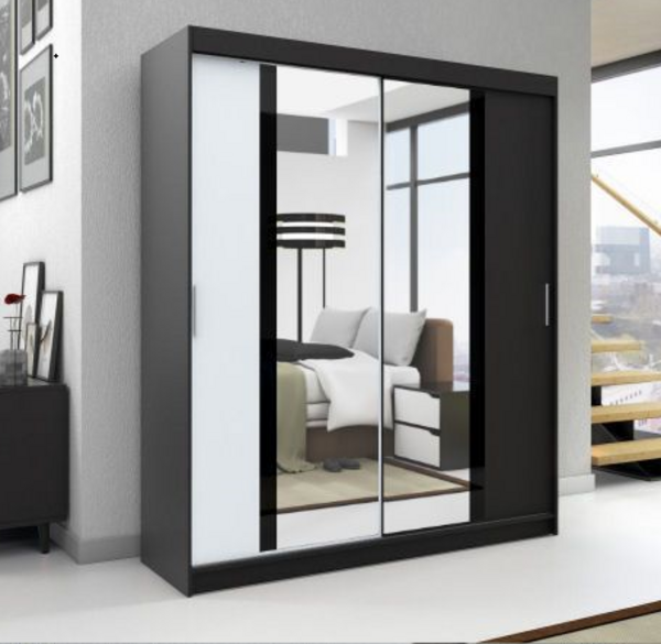 Schwebetürenschrank BRANI 2-türig Schrank 180 cm (mit Spiegel) Farbe: Schwarz , weiß