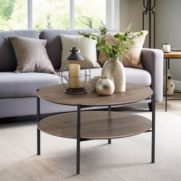 Wohnando Couchtisch Runder Couchtisch "Alexandros Rundo", 63x63x38cm Piniendekor braun, Sofatisch, mit Ablagefach, Wohnzimmer, kleiner moderner Tisch