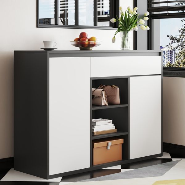 Kommode 105 x 39,5 x 86 cm mit LED, Schublade und verstellbaren Böden in Schwarz-Weiß