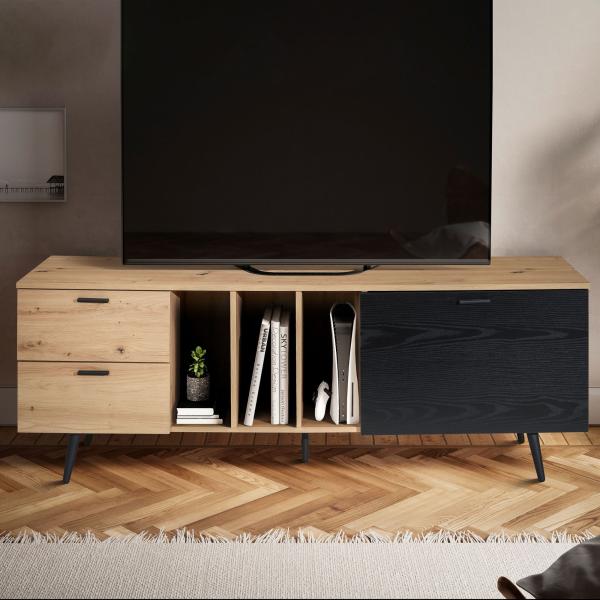 FineBuy Lowboard Eiche-Dekor 150x55x40 cm Design TV-Kommode Modern, TV-Schrank Hoch, Fernsehtisch Fernsehschrank mit Tür & Schubladen, Fernsehkommode Wohnzimmer Modern Schwarz