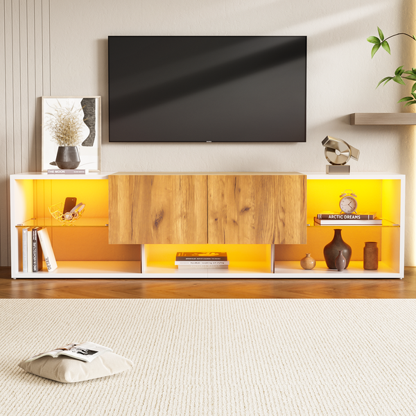 TV-Konsolen-Center Weiß/Holz, 160x40x42 cm für TV bis 70 Zoll mit LED & 2 Schubladen