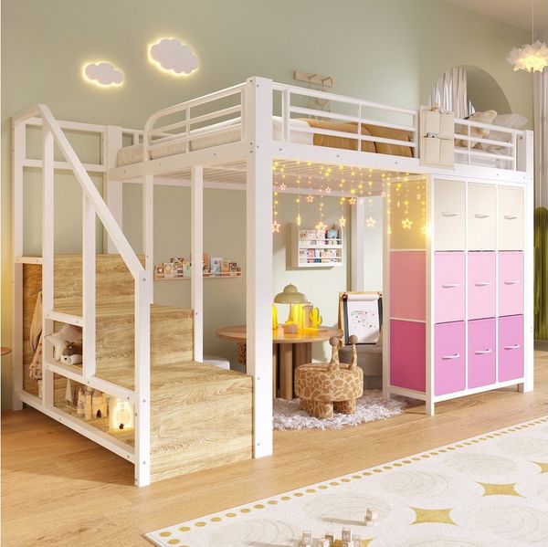 Flieks Hochbett Metallbett Kinderbett 140×200cm mit Kommode und Stauraumtreppe