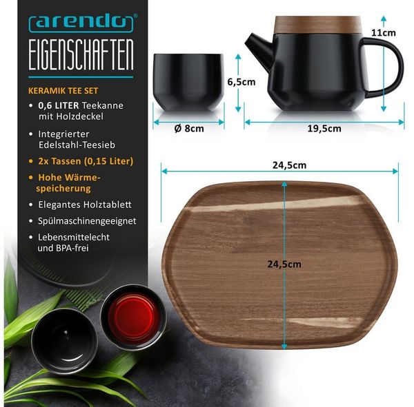 Arendo Teeservice Keramik Teekannen Set 0,6 L, modernes japanisches Design mit Teesieb (5-tlg), 2 Personen, Porzellan / Keramik, Porzellan, Teekanne mit Deckel Untersetzer 2 Teetassen & Tablett