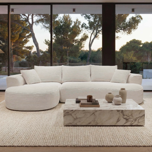 Sofa-Garnitur HWC-P19, 3-Sitzer Couch Loungesofa, Stoff/Textil Cord (370 g/m²) Liegefläche links ~ weiß