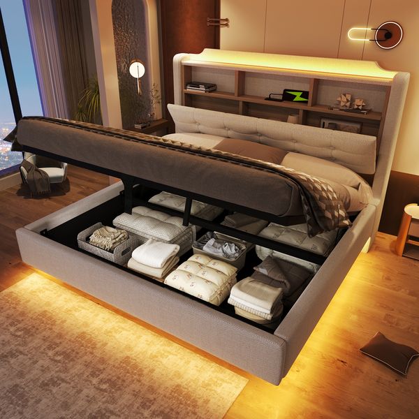 Polsterbett 140×200 cm mit LED, hydraulischem Bettkasten und USB/Typ-C, Beige, ohne Matratze