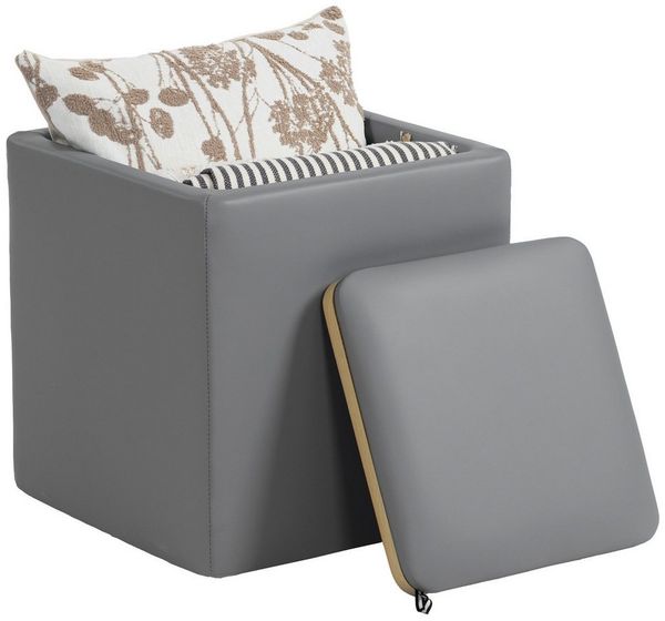 HOMCOM Sitzhocker mit Stauraum Hocker mit Deckel, Quadratischer Fußhocker Sitzwürfel Aufbewahrungsbox Polsterhocker Couchtisch Kunstleder 40 x 40 x 40 cm Grau