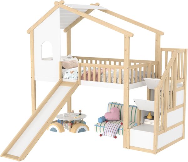 Hochbett 90×200 cm mit Rausfallschutz, Stauraumtreppe, Rutsche und Hausdesign Natur/Weiß, ohne Matratze Bild 7
