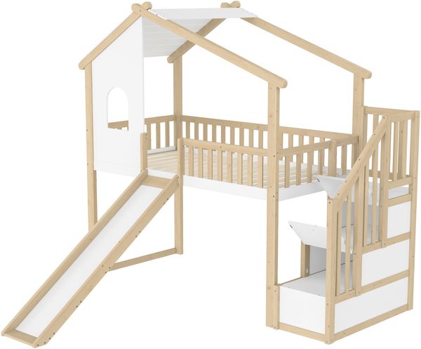 Hochbett 90×200 cm mit Rausfallschutz, Stauraumtreppe, Rutsche und Hausdesign Natur/Weiß, ohne Matratze Bild 9