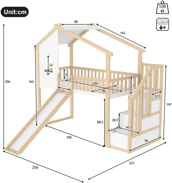 Hochbett 90×200 cm mit Rausfallschutz, Stauraumtreppe, Rutsche und Hausdesign Natur/Weiß, ohne Matratze Bild 5