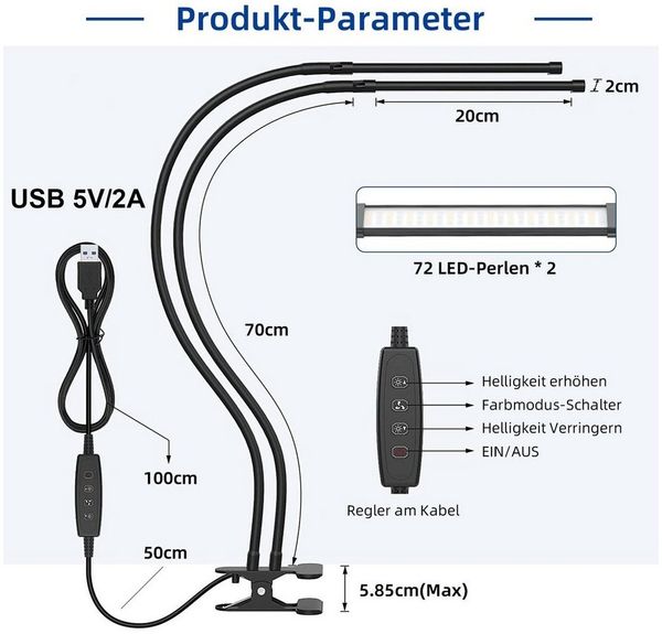 Rosnek LED Tischleuchte Zwei Köpfe, 3 Farben, dimmbar, für Zuhause Büro Schreibtisch Lesen, 3000K Warmweiß, 4500K Naturweiß, 6500K Kaltweiß, flexibler Schwanenhals