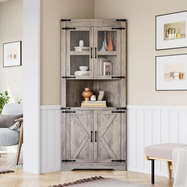 GarveeMore Hochschrank (Eckschrank, 4 Glastüren, Verstellbaren Regalen) für Wohnzimmer, Küche, Badezimmer