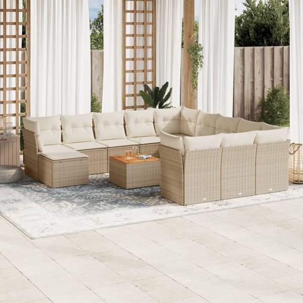 vidaXL 13-tlg. Garten-Sofagarnitur mit Kissen Beige Poly Rattan 3256317