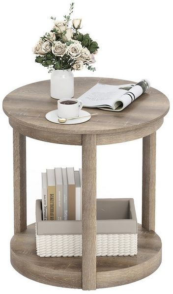 COSTWAY Couchtisch, runder Wohnzimmertisch, 2 Ebenen, Holz, Grau