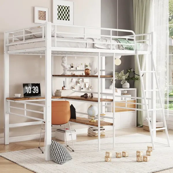 Hochbett mit Schreibtisch, Regal, Leiter und Rausfallschutz, 90x200 cm, Metallbett