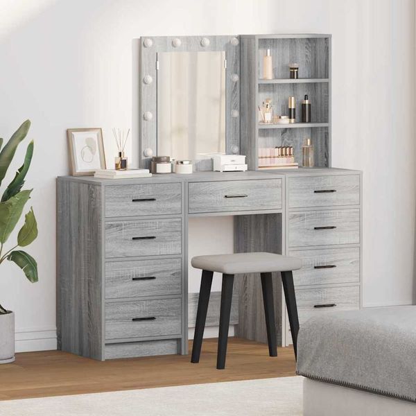 vidaXL Schminktisch mit Spiegelbeleuchtung 3 pcs Grau Holzwerkstoff 3334223
