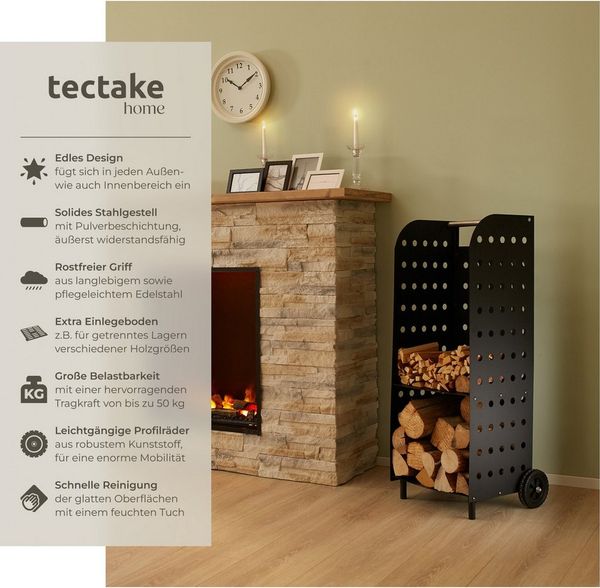 tectake Kaminholzregal Holzwagen, BxTxH:45,00x55,00x104,00 cm, aus Stahl