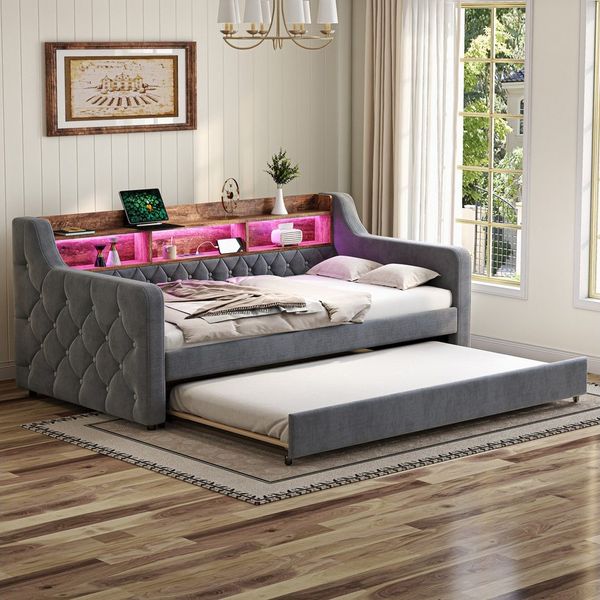 REDOM Schlafsofa mit Ausziehbett, LED-Licht und 12 Lattenrosten, Polsterbett Gästebett 90x190 & 90x190 cm, ohne Matratze