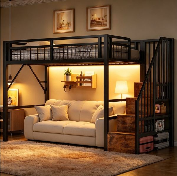 REDOM Hochbett Jugendbett mit Eisenrahmen, LED-Lichtleiste (Stauraumtreppe und freiem Raum zum Verkleiden, Metallbett, 90 x 200 cm) Inklusive Matratze