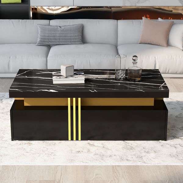 TV-Schrank-Set mit Couchtisch, B 200 x T 40 x H 42 cm / 100 x 50 x 40 cm, schwarz in Marmor-Optik