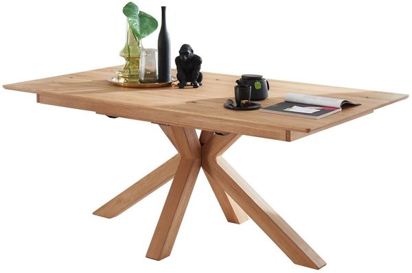 Massivart® Esstisch Wildeiche Massivholz geölt, ausziehbar / Spider-Gestell Holz / RICARDO, Schweizer Kante • innenliegender Butterfly-Auszug • Natur Pur