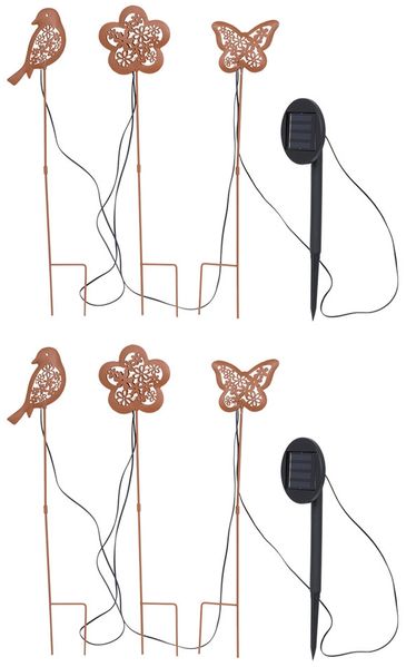 6er Set LED Solarleuchte, rost, Schmetterling, Blume, Vogel, H 45 cm