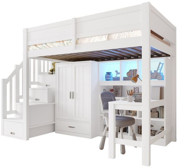 OKWISH Hochbett für Kinderzimmer, Studentenwohnung & Gästezimmer (mit LED-Beleuchtung,Kleiderschrank – Multifunktionales Jugendbett mit Stauraumtreppe, 1-St, 90x200cm) mit integrierter Schreibtisch und Regal