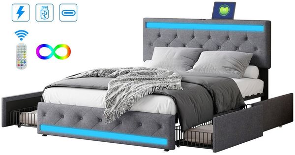 FUROKOY Stauraumbett Doppelbett Polsterbett mit 4 Schubladen (Bettgestell, 1-tlg, Jugendbett Mit Kopfteil und Lattenrost,mit USB und Type-C), 180x200 cm,LED-Beleuchtung,Schubladen mit Rädern,Leinenmaterial,Grau