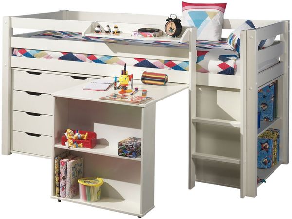 Kinderbett Karolina 210x114x106 Massivholz+MDF Weiß Kommode Regal