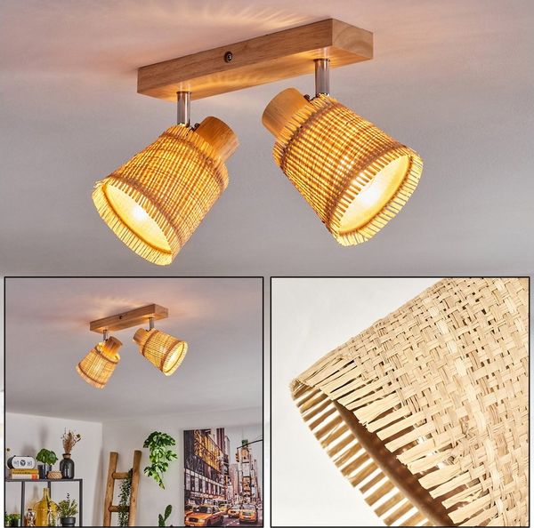 hofstein Deckenleuchte moderne Deckenlampe aus Holz/Metall/Bast in Naturfarben/Chromfarben, ohne Leuchtmittel, verstellbaren Strahlern, 2 x E14, ohne Leuchtmittel