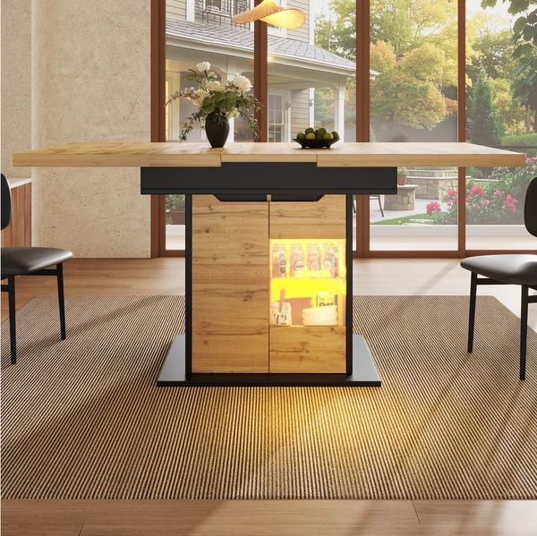STILVORA Esstisch mit LED-Licht,Küchentisch Wohnzimmertisch ausziehbar mit Snackablage (Ausziehbarer Esstisch mit LED-Beleuchtung & Stauraum, Teleskoptisch mit Snackablage & Schranktüren, 1-St, 110-140*80*76cm)